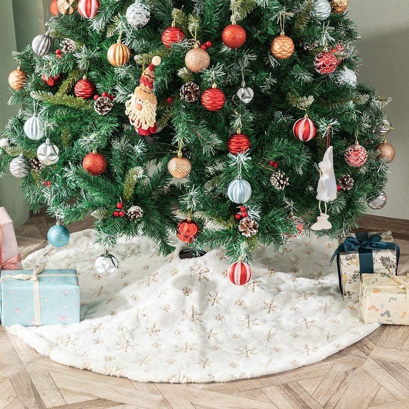 Amidaky Christmas Tree Skirt 30 inches White Faux Fur Gold Snowflake Sequin Embroidered Luxury Tree Skirt Xmas Decoration - Image 5